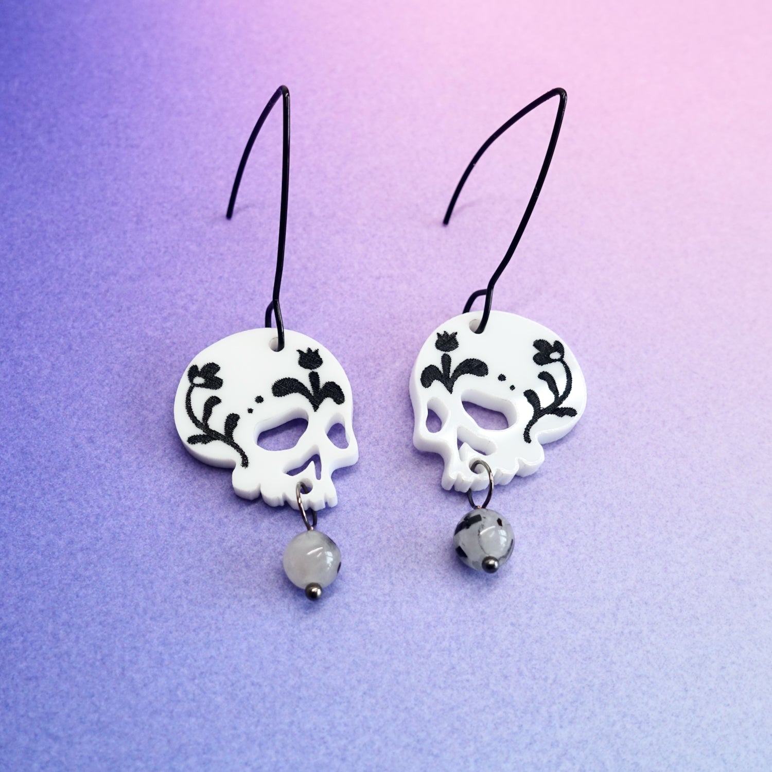 B&W Floral Skull Earrings