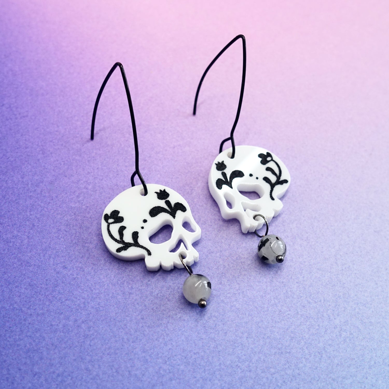 B&W Floral Skull Earrings