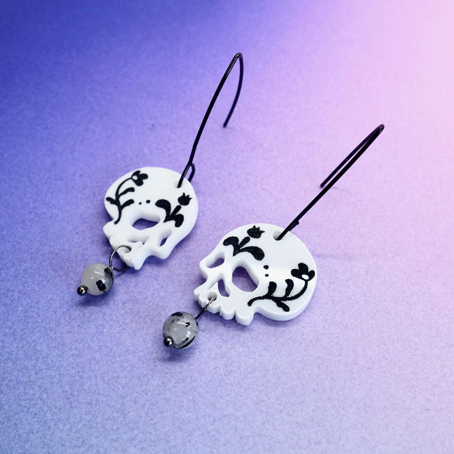 B&W Floral Skull Earrings