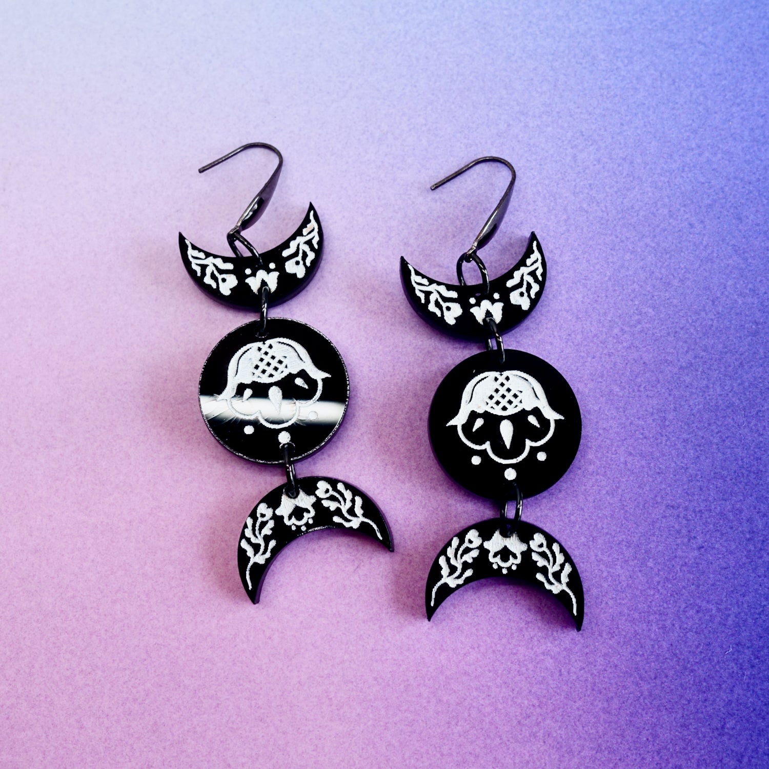 Ornate black and white floral triple moon Earrings