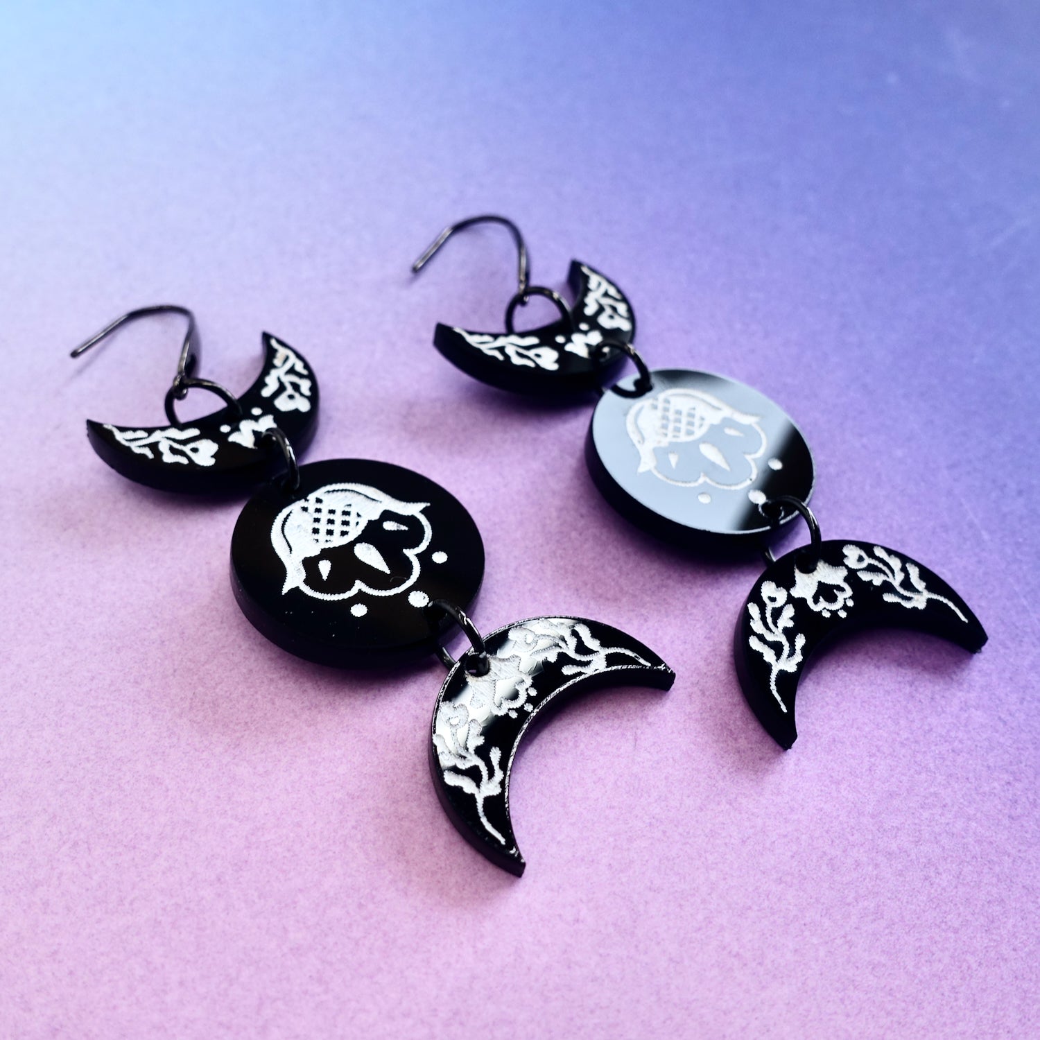 Ornate black and white floral triple moon Earrings
