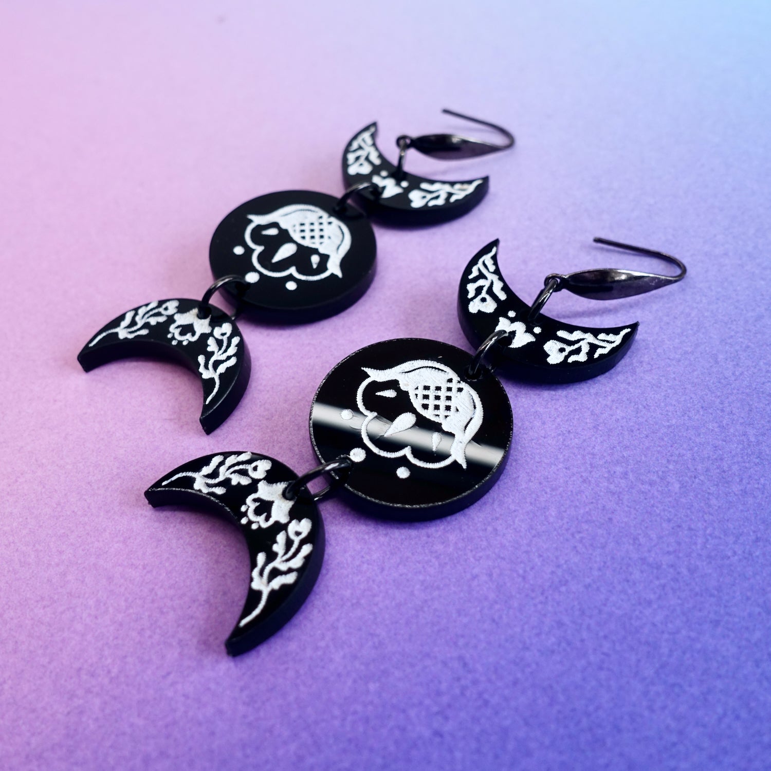 Ornate black and white floral triple moon Earrings