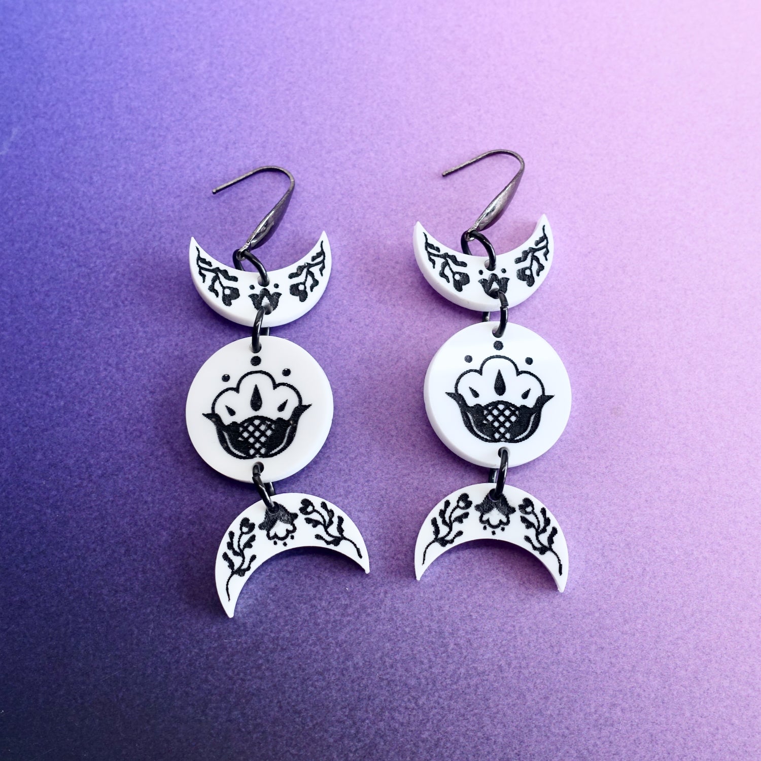 White floral witchy triple moon earrings