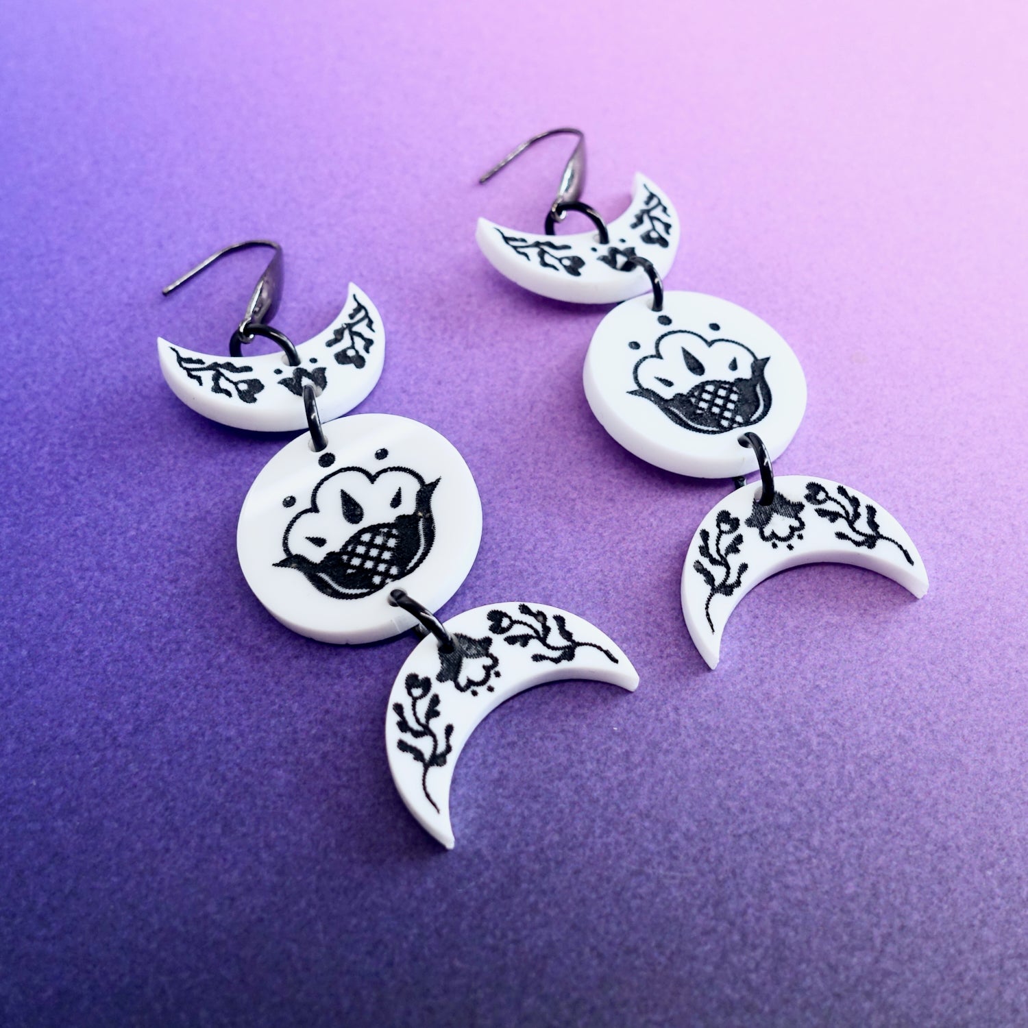 White floral witchy triple moon earrings