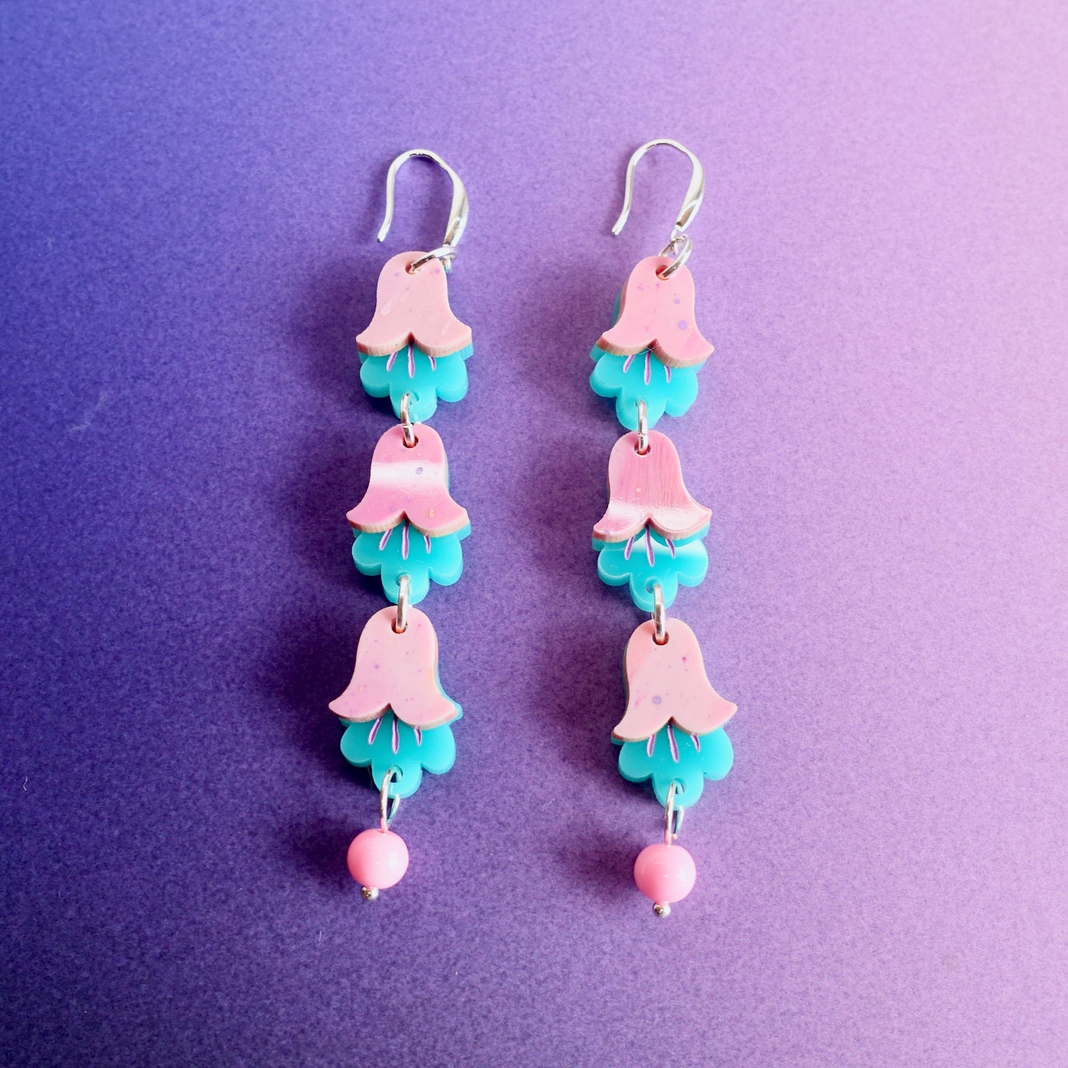 Dainty Pink and Teal Flower Earrings