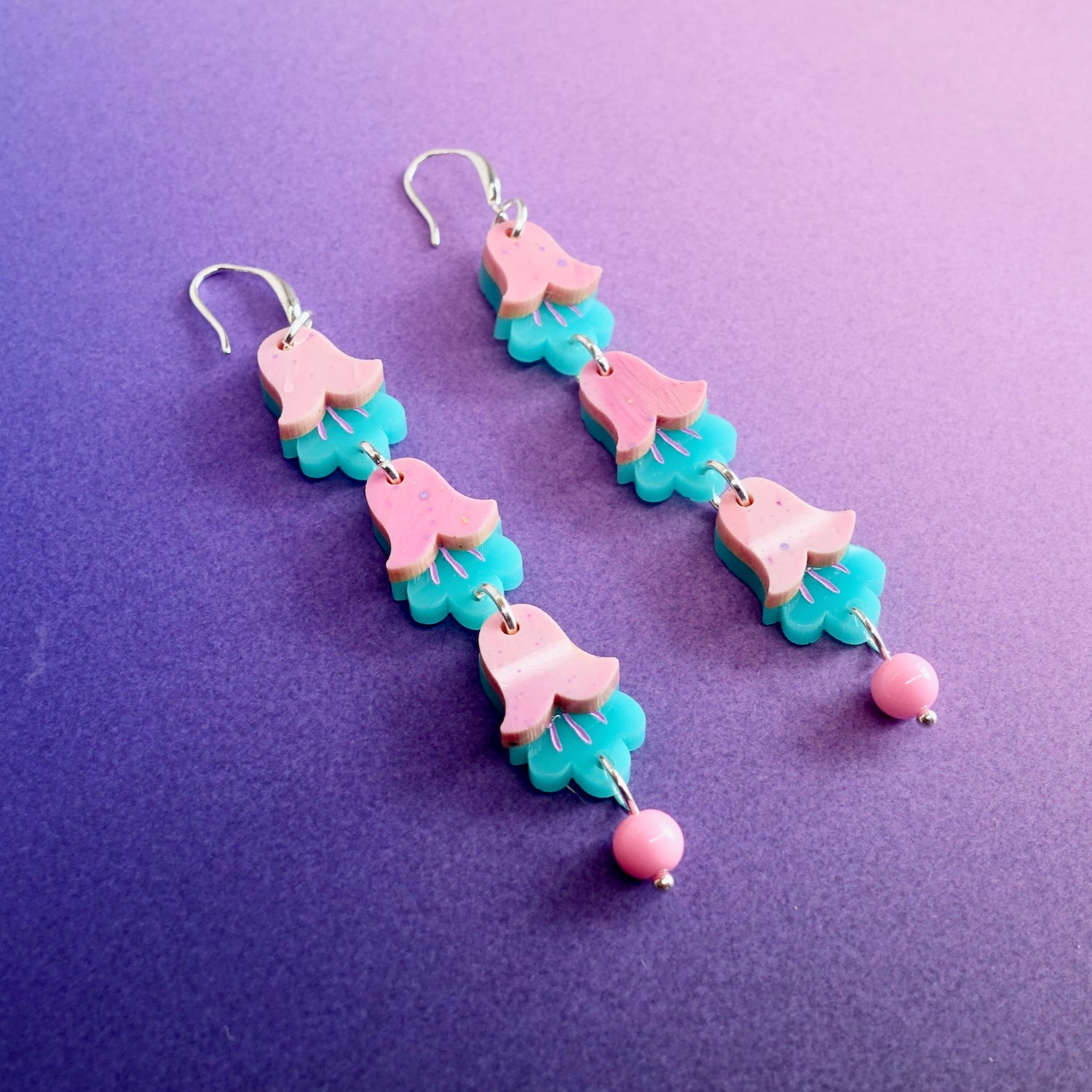 Dainty Pink and Teal Flower Earrings