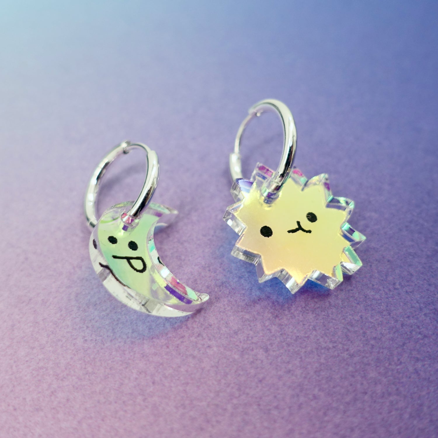 Silly Faces Iridescent Sun & Moon Hoop Earrings