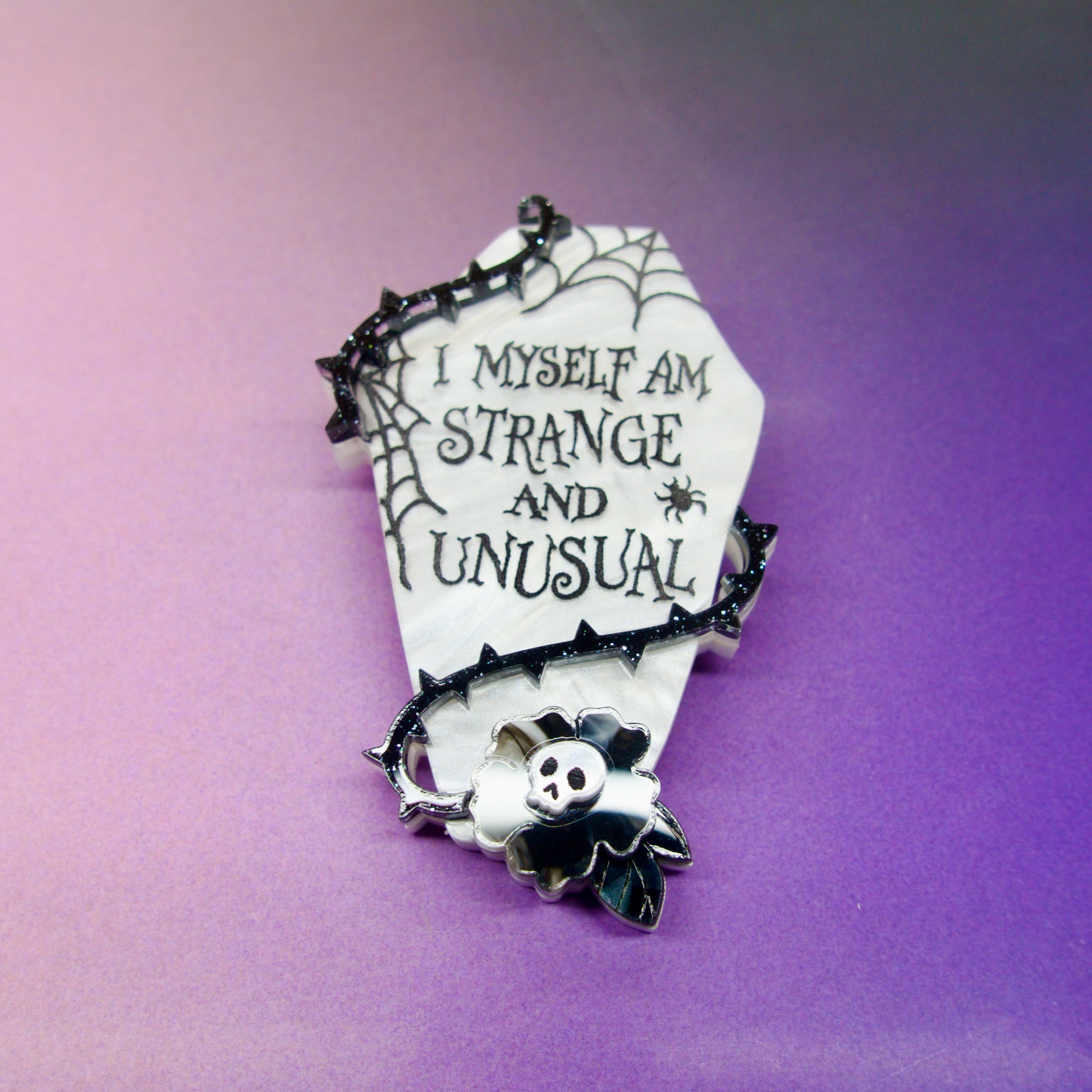 B&W Spooky Coffin Acrylic Brooch