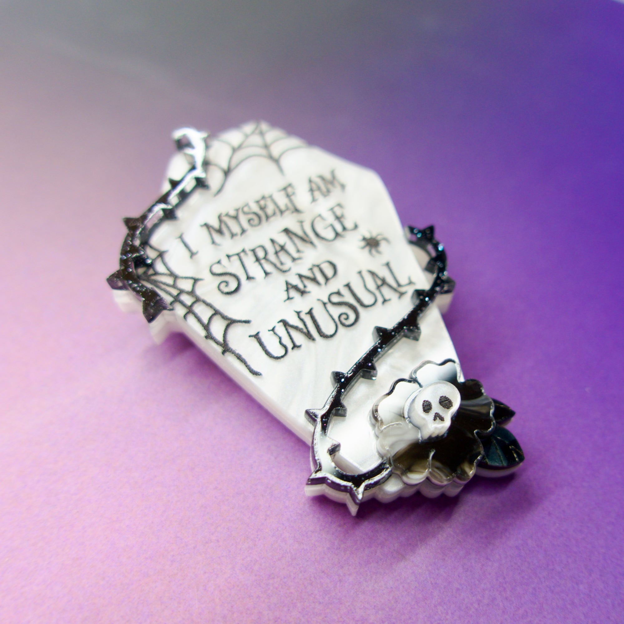 B&W Spooky Coffin Acrylic Brooch