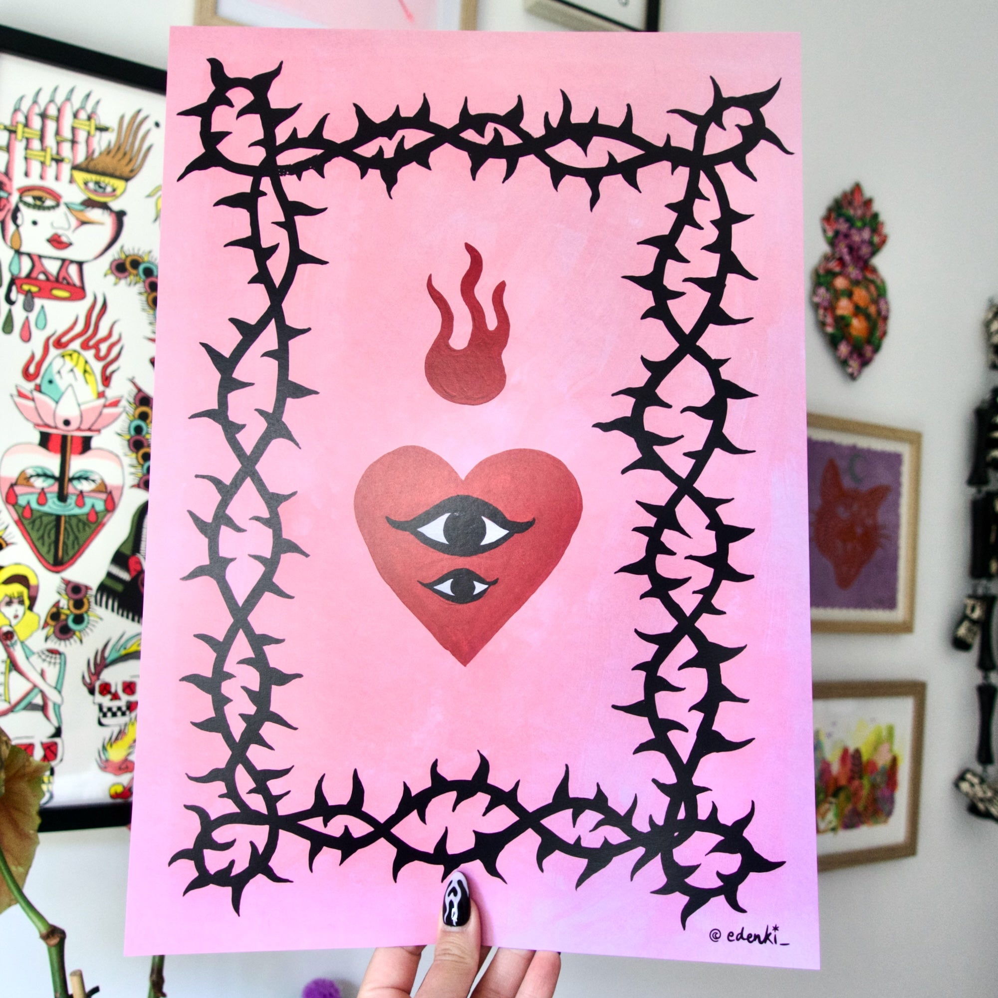 Pink & Red Heart and Thorns - A3 Print