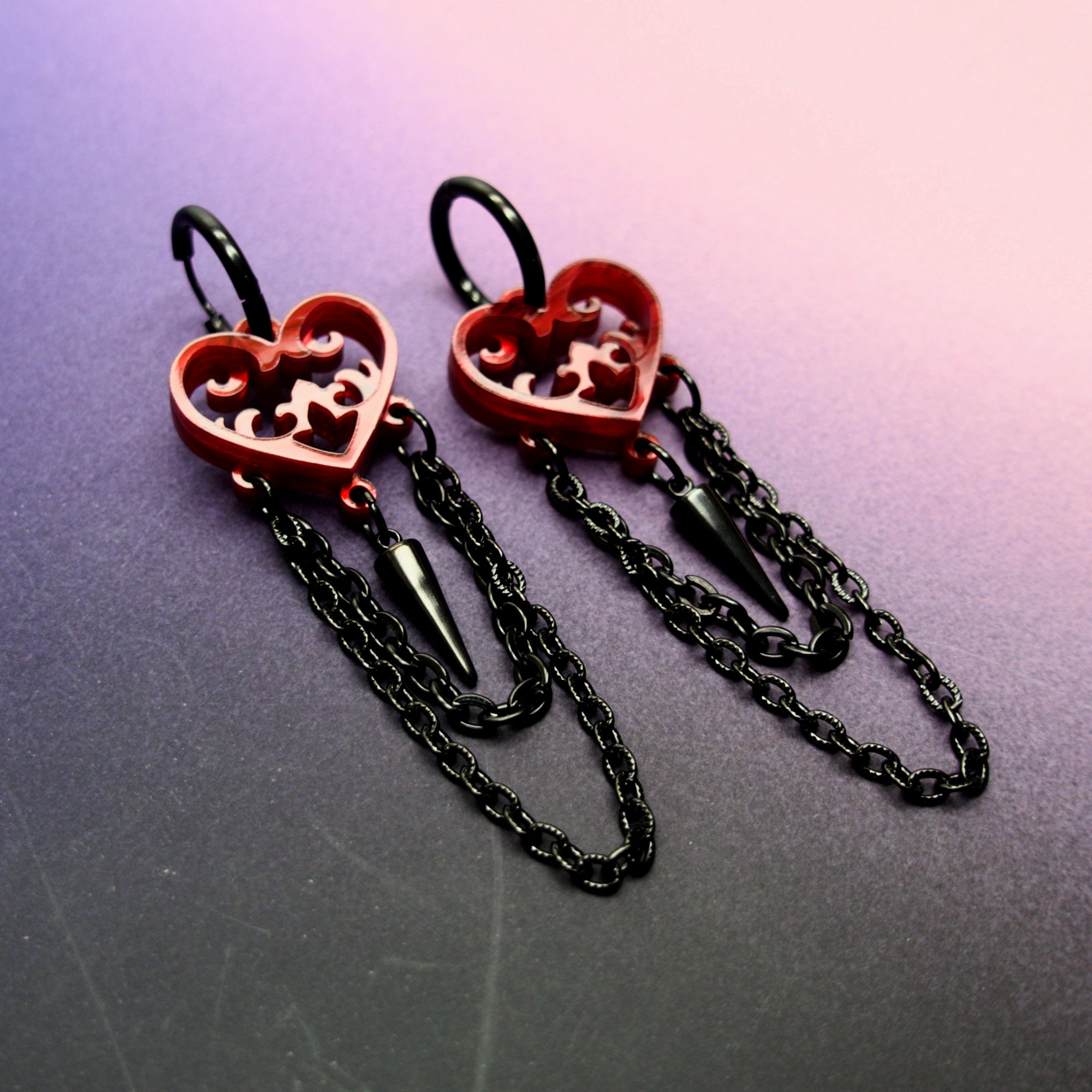 Ornate Blood Red Gothic Heart Earrings