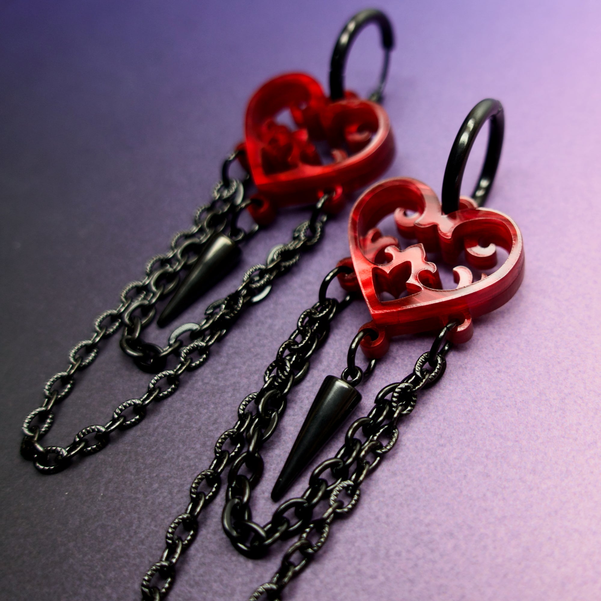 Ornate Blood Red Gothic Heart Earrings