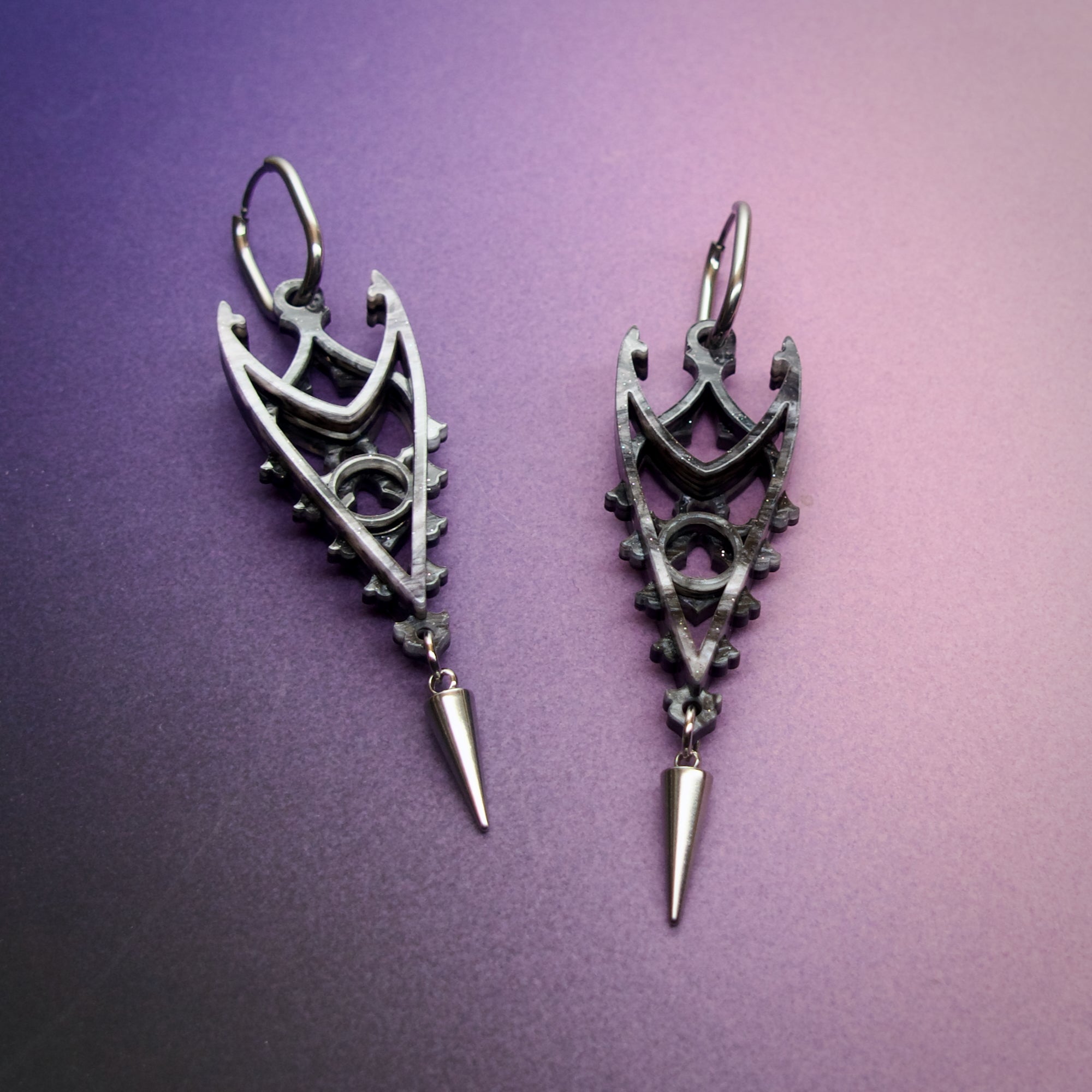 Inverted Spires in Stormy Grey - Gothic Cathedral Statement Earrings