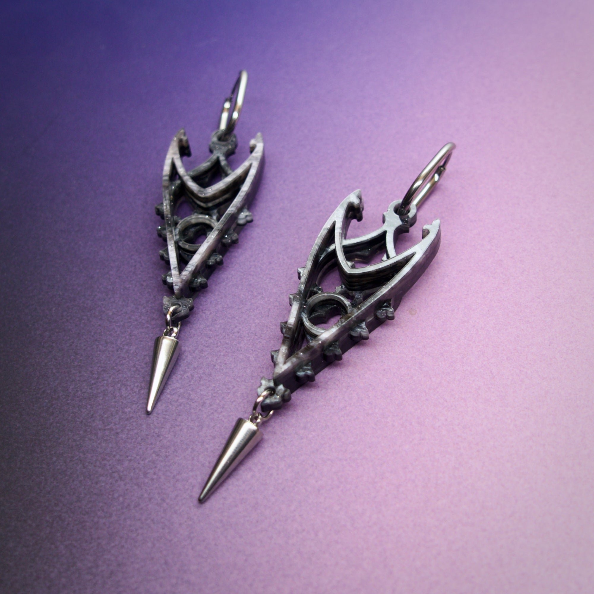 Inverted Spires in Stormy Grey - Gothic Cathedral Statement Earrings