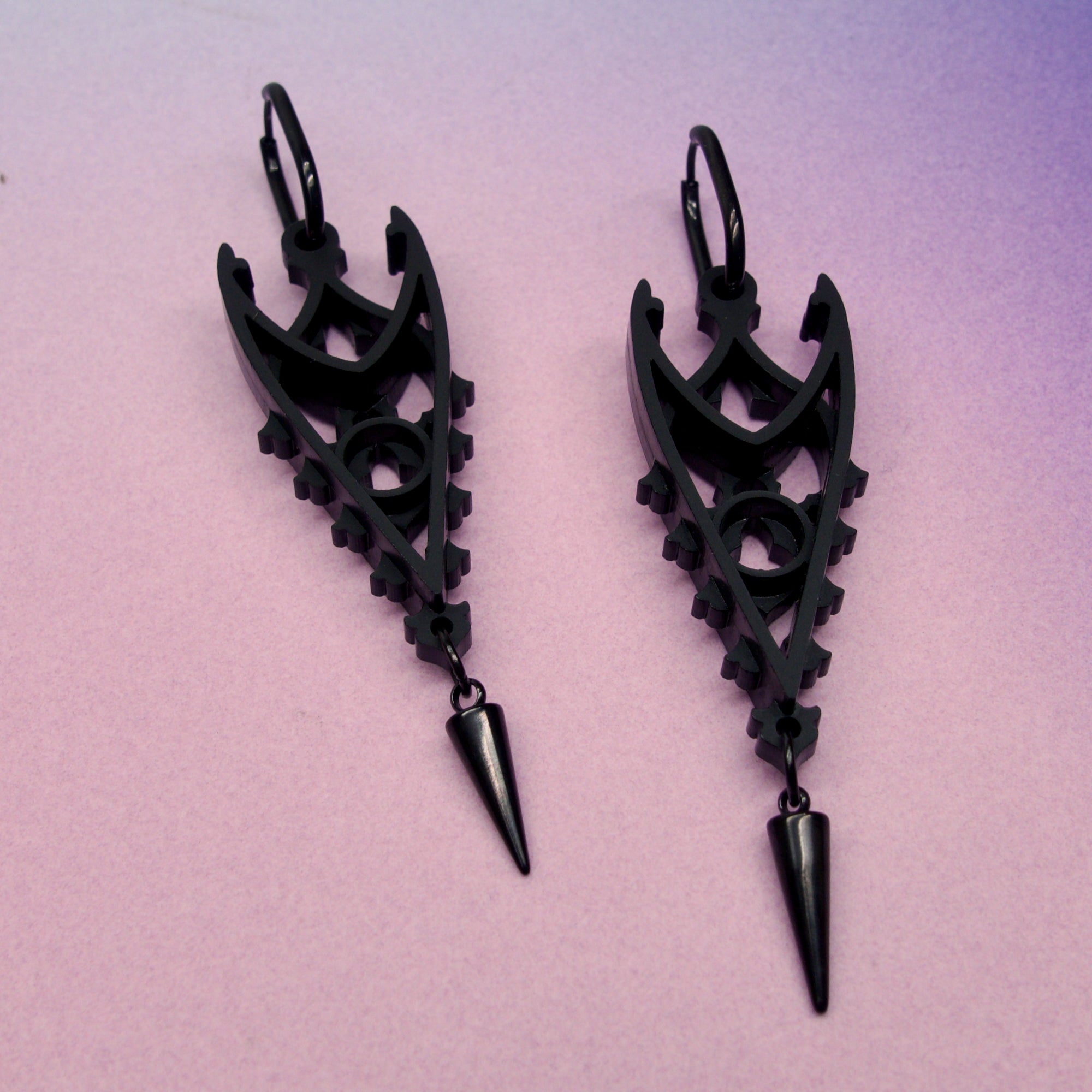 Inverted Spires in Black - Gothic Cathedral Statement Earrings