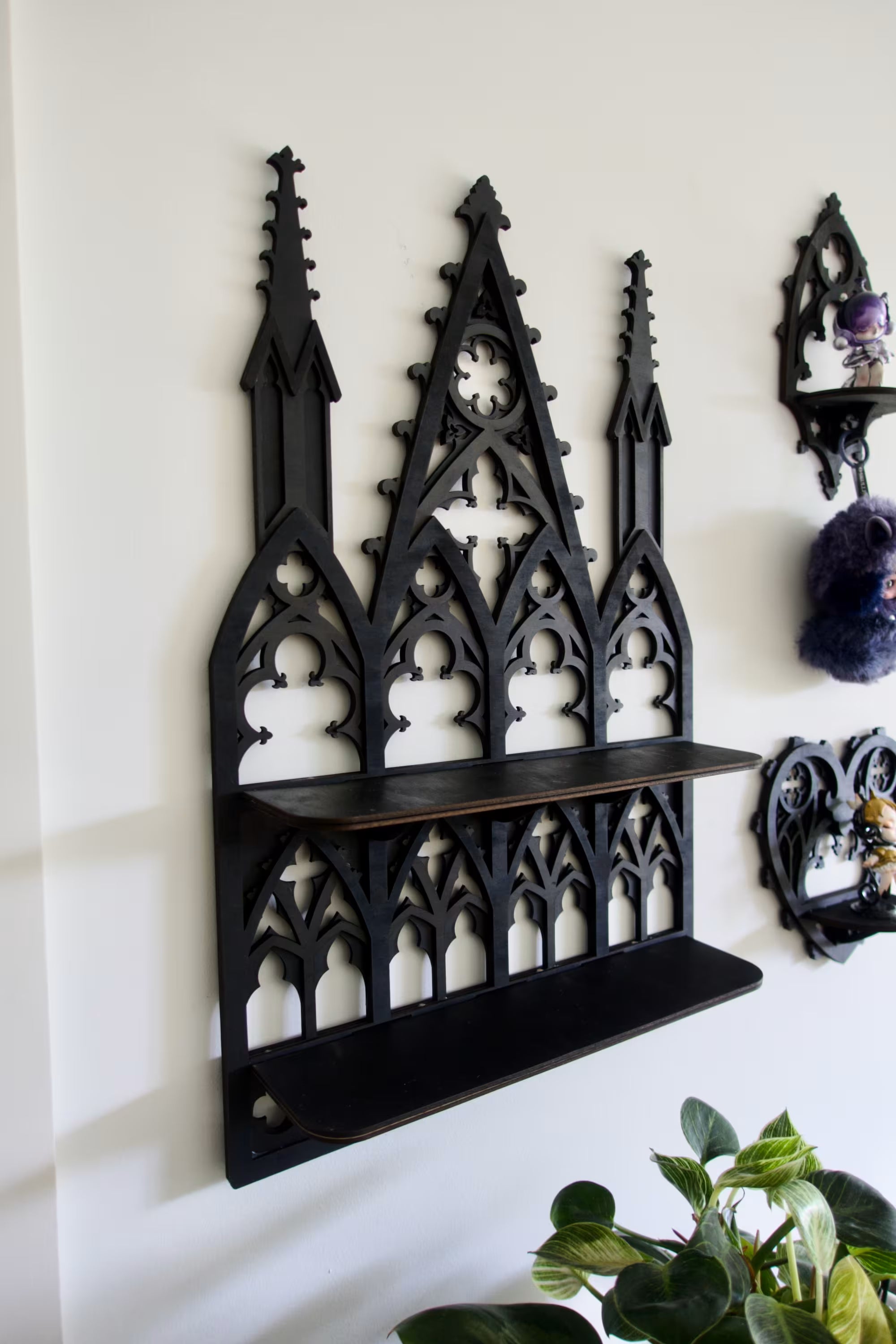 Elegant gothic home accent for alt and dark cottagecore spaces — handmade cathedral wall art shelf.