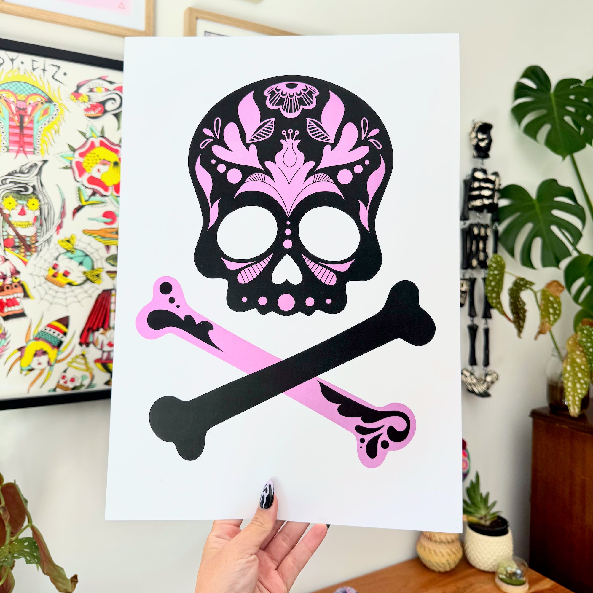 A3 Black and Lavender Ornate Floral Skull and Crossbones Print