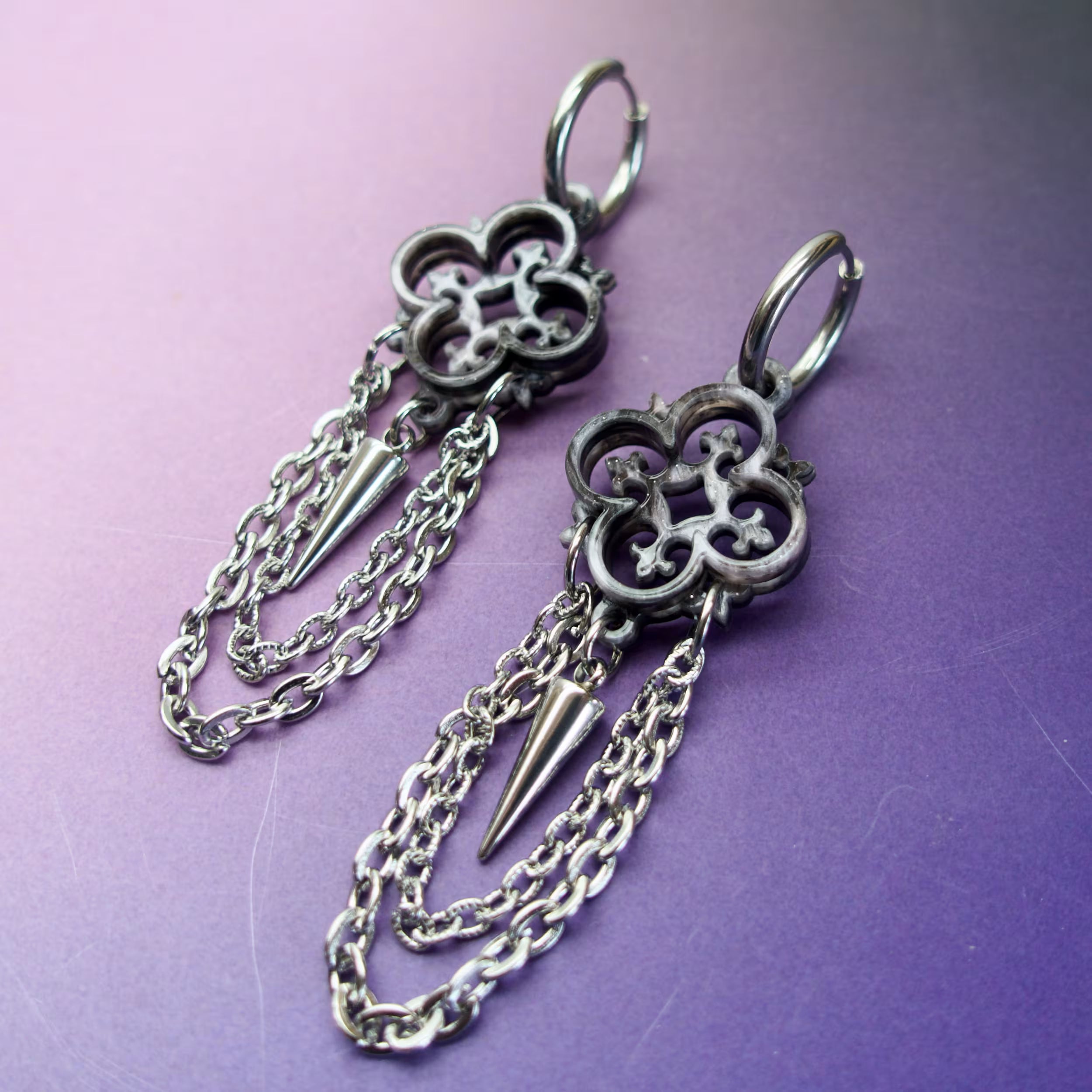 Punk gothic chain earrings for alternative style lovers — marbled acrylic quatrefoil with stainless steel hardware