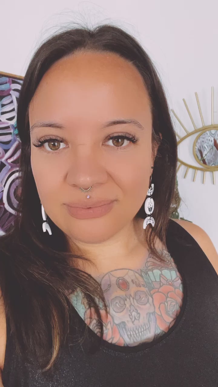 Ornate black and white floral triple moon Earrings