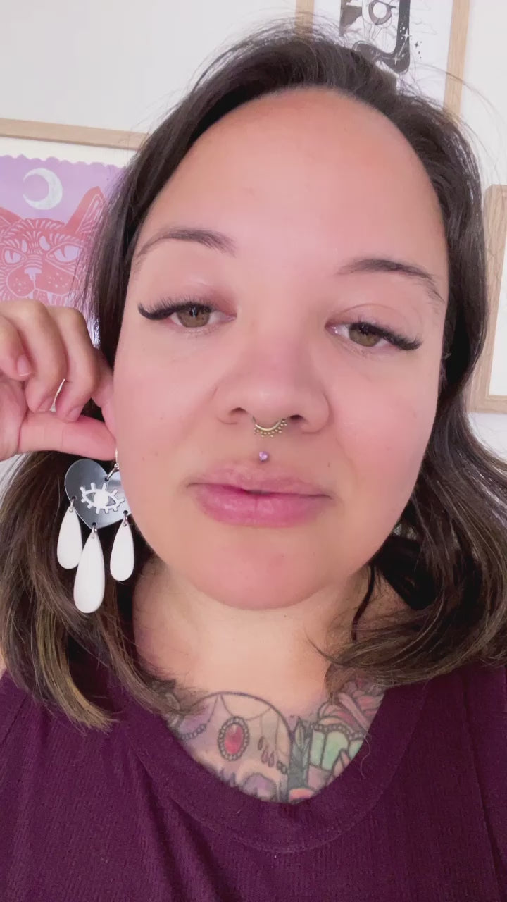 Tattoo inspired black and white crying heart earrings