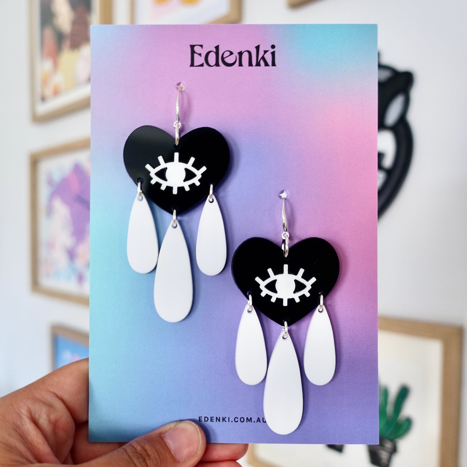 Tattoo inspired black and white crying heart earrings