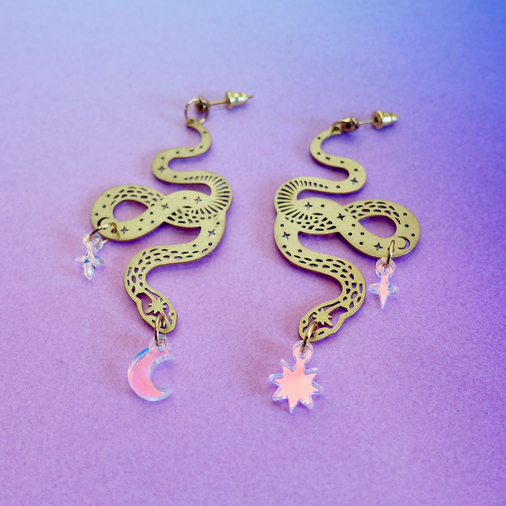 Najima Iridescent and Brass Snake Earrings