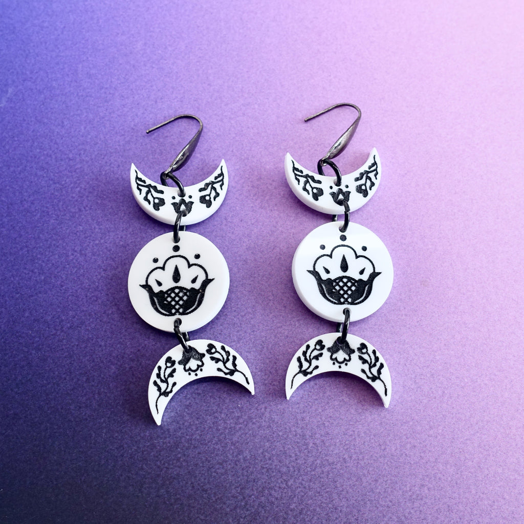Ornate Triple Moon Earrings - White