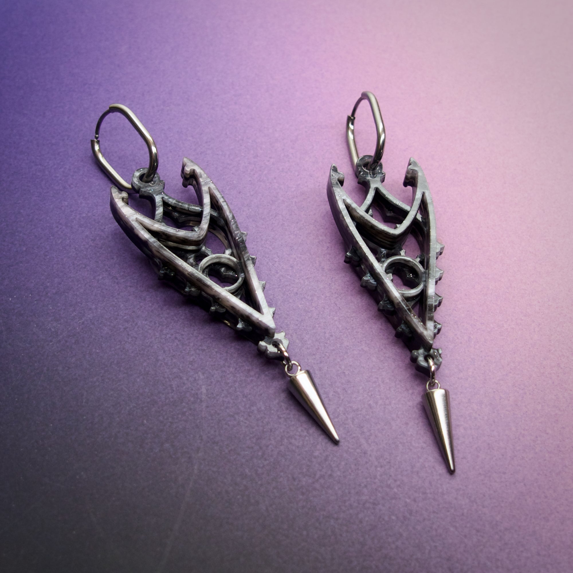 Inverted Spires in Stormy Grey - Gothic Cathedral Statement Earrings
