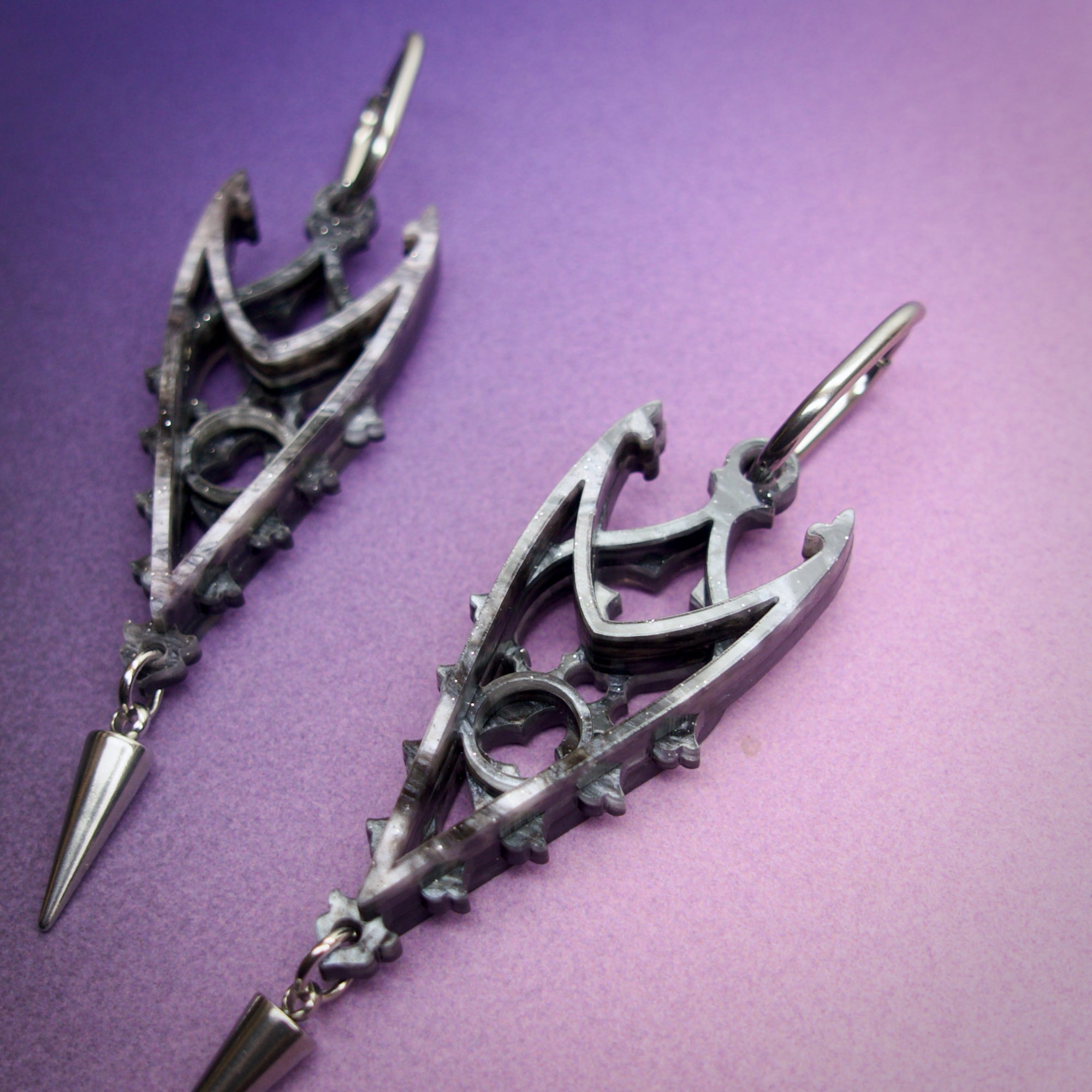 Inverted Spires in Stormy Grey - Gothic Cathedral Statement Earrings