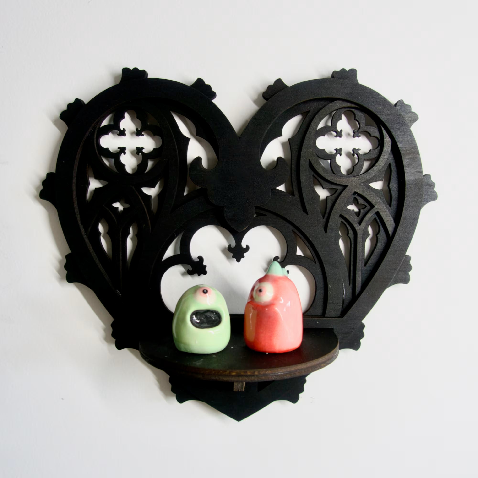 Gothic heart wall shelf for displaying curios, crystals, or tiny treasures — dark cottagecore aesthetic.