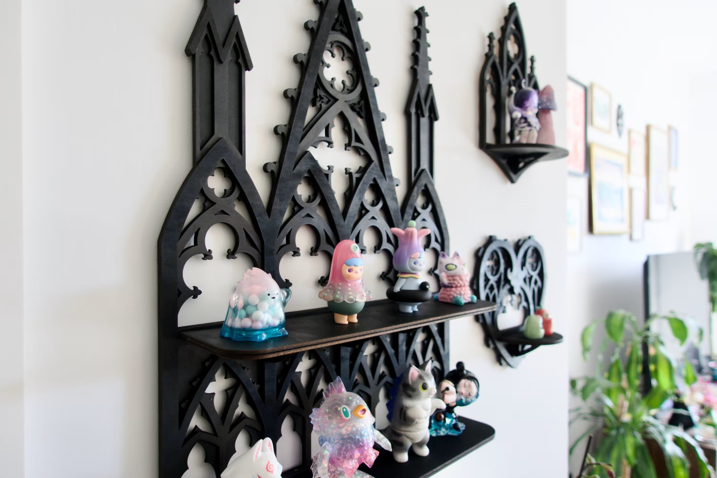 Grand gothic trinket display for Popmart and designer toys — cathedral-inspired wall decor with spired silhouette.