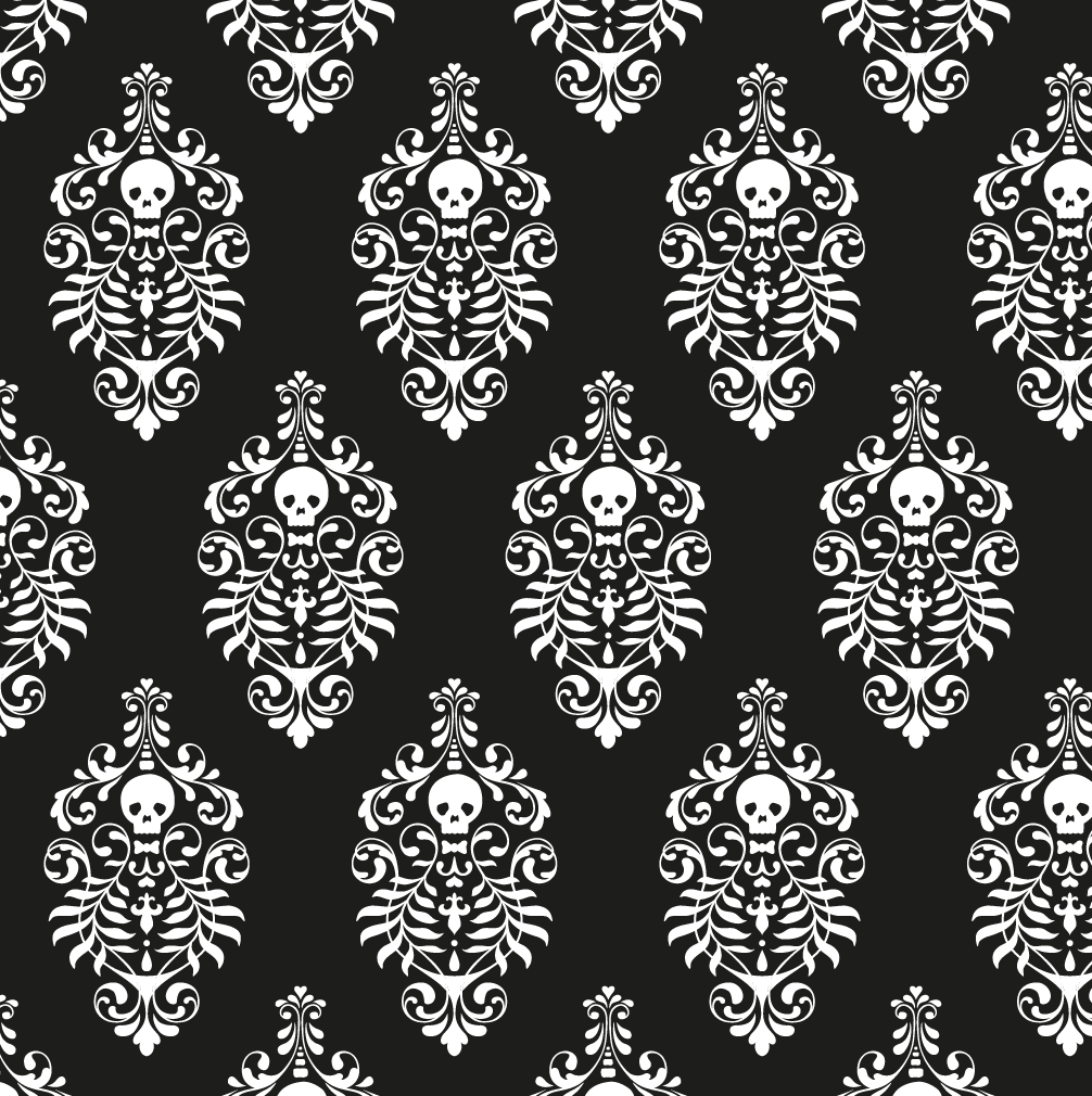 White damask pattern with skulls in it, on a black background