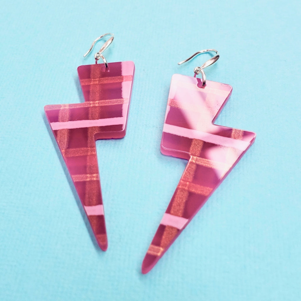 Lightning Bolt Earrings - Hot Pink Plaid - edenki