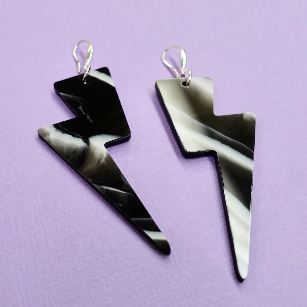 Lightning Bolt Earrings - B&W Marble - edenki