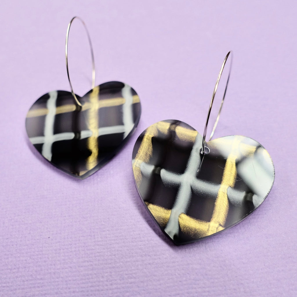 Heart Earrings - Black Plaid - edenki