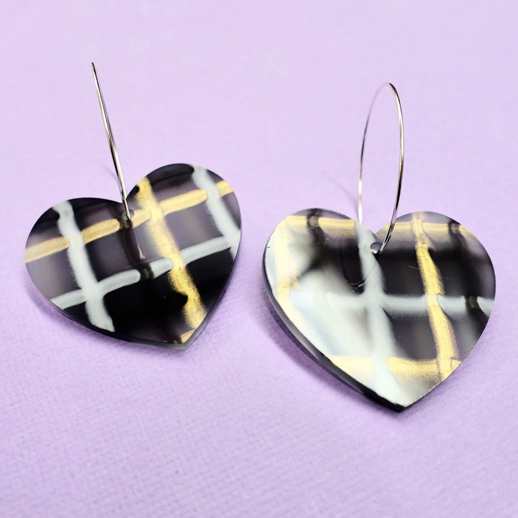 Heart Earrings - Black Plaid - edenki