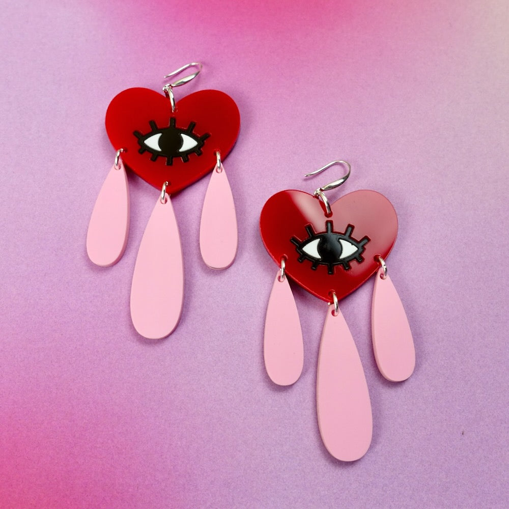 All Seeing Heart Earrings - Red