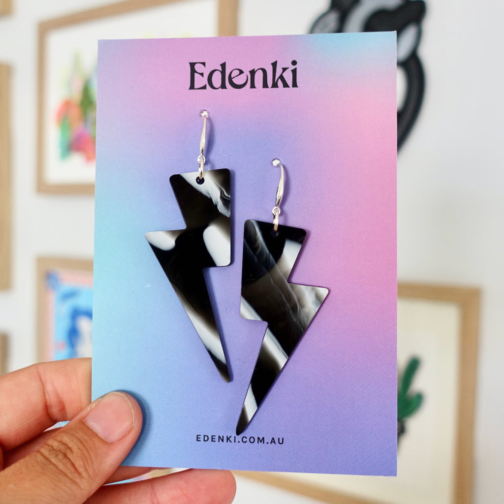 Lightning Bolt Earrings - B&W Marble - edenki