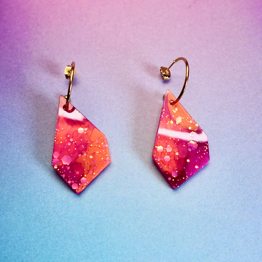Resin Gem Hoop Earrings - Pink & Coral