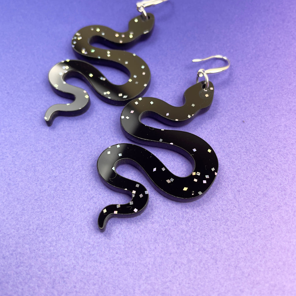 Black Glitter Snake Earrings