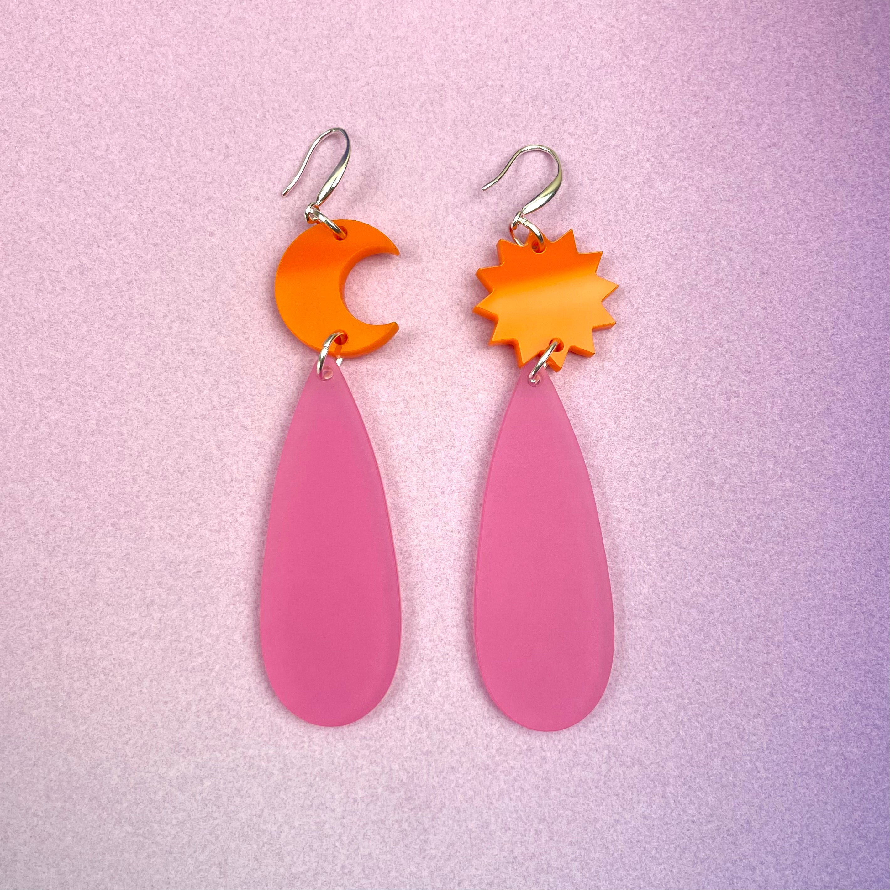 pink and orange sun moon earrings